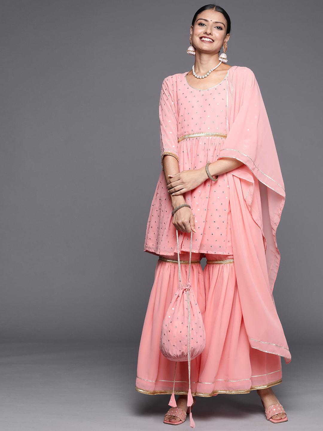 Pink Self Design Georgette Anarkali Suit Set