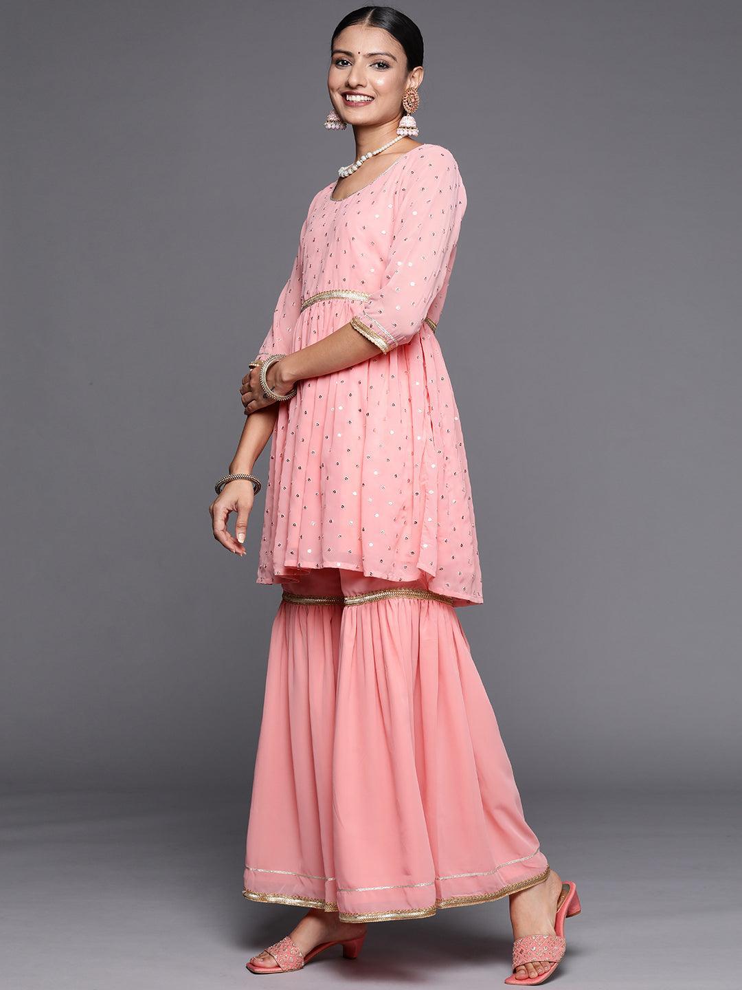 Pink Self Design Georgette Anarkali Suit Set