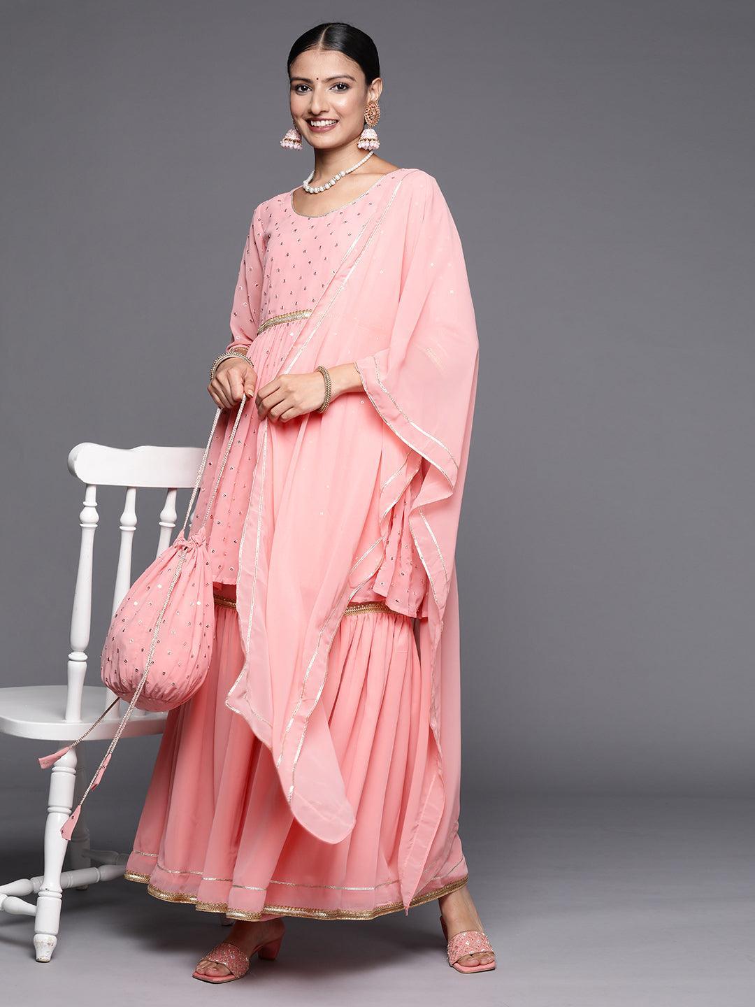 Pink Self Design Georgette Anarkali Suit Set