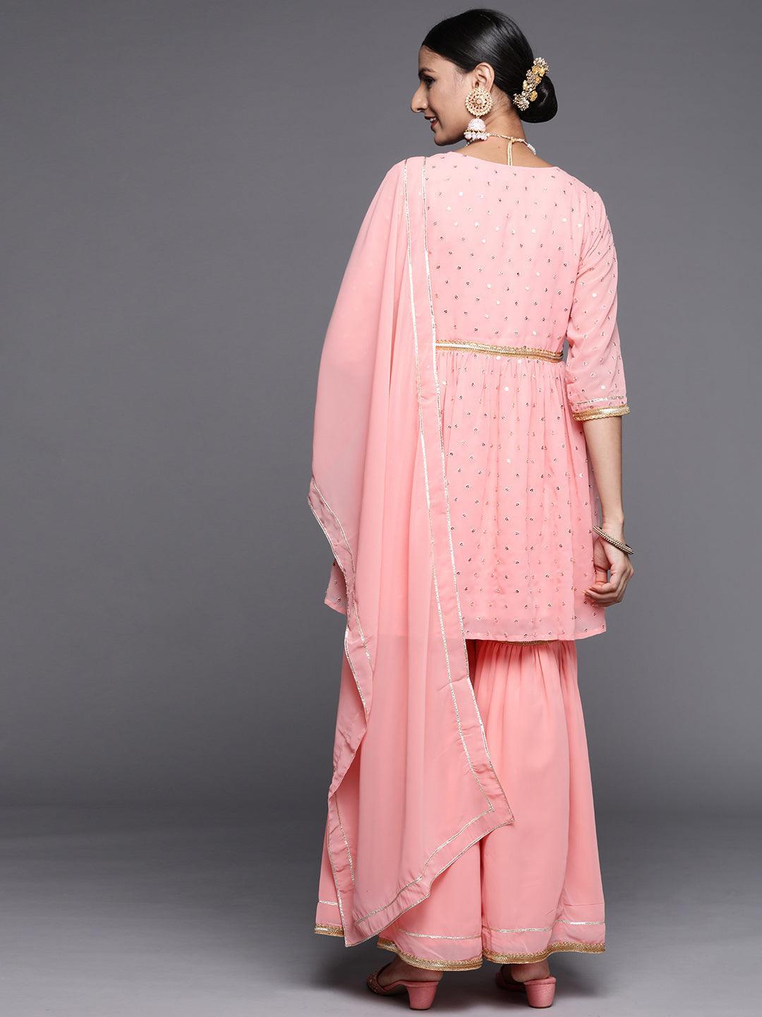 Pink Self Design Georgette Anarkali Suit Set