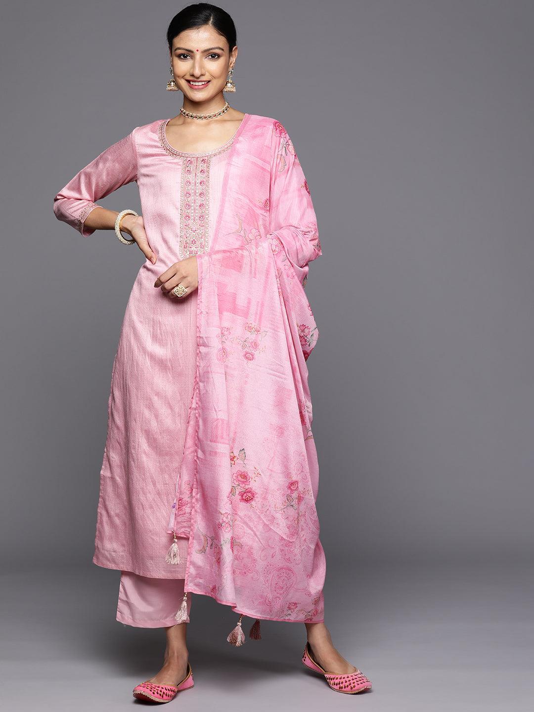 Pink Self Design Rayon Straight Kurta With Trousers & Dupatta