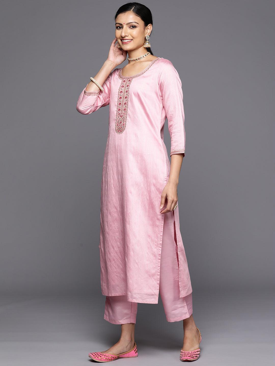 Pink Self Design Rayon Straight Kurta With Trousers & Dupatta