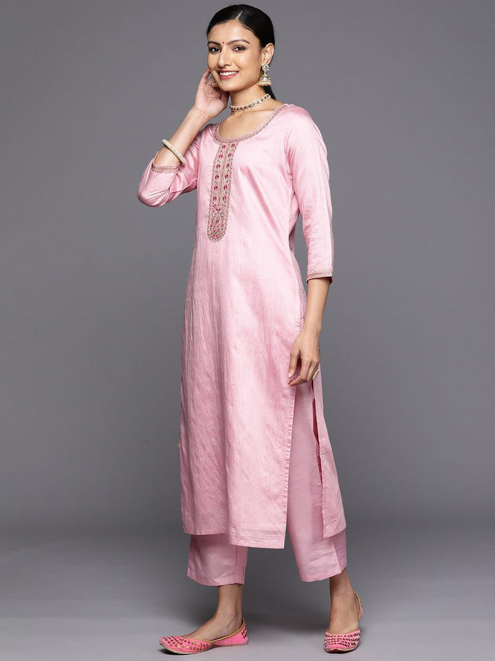 Pink Self Design Rayon Straight Kurta With Trousers & Dupatta - Libas