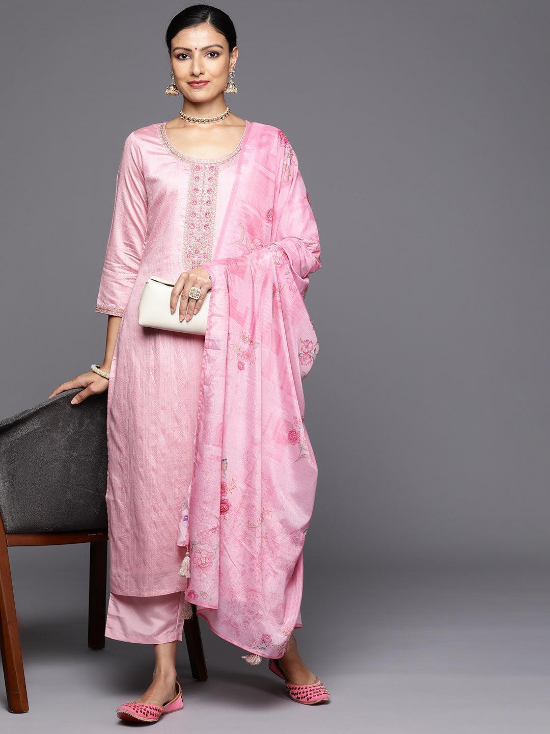 Pink Self Design Rayon Straight Kurta With Trousers & Dupatta