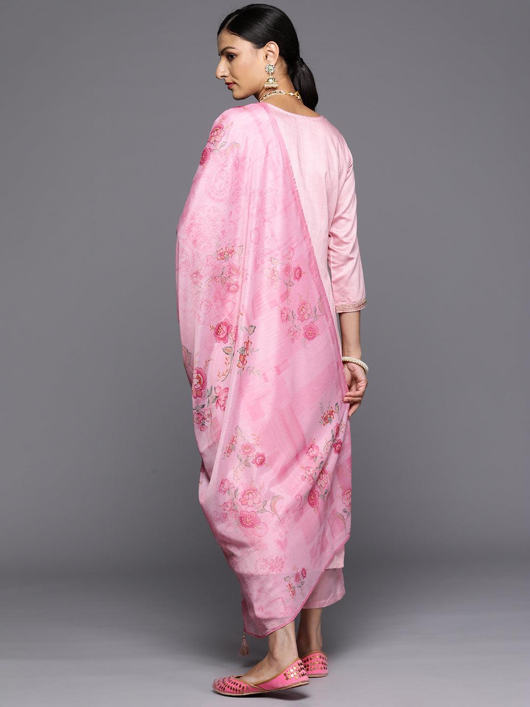 Pink Self Design Rayon Straight Kurta With Trousers & Dupatta