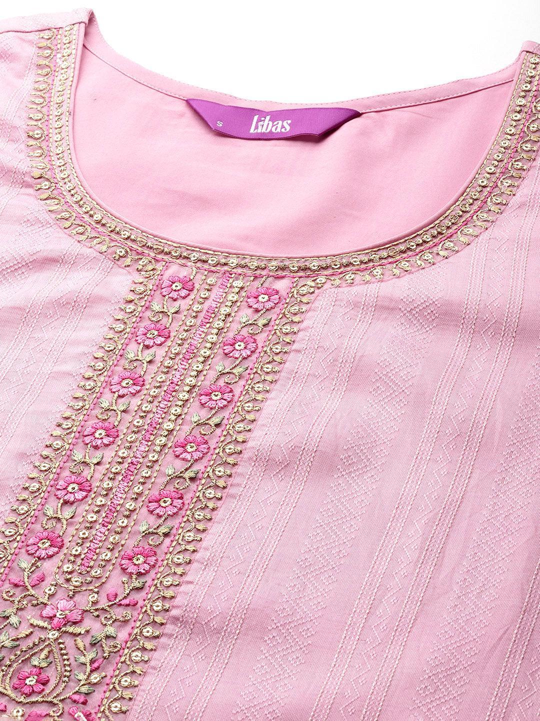 Pink Self Design Rayon Straight Kurta With Trousers & Dupatta