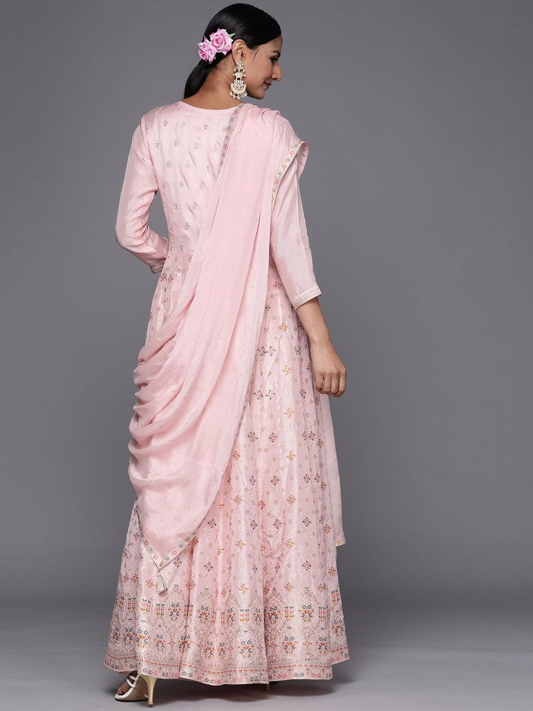 Pink Self Design Silk Anarkali Suit Set