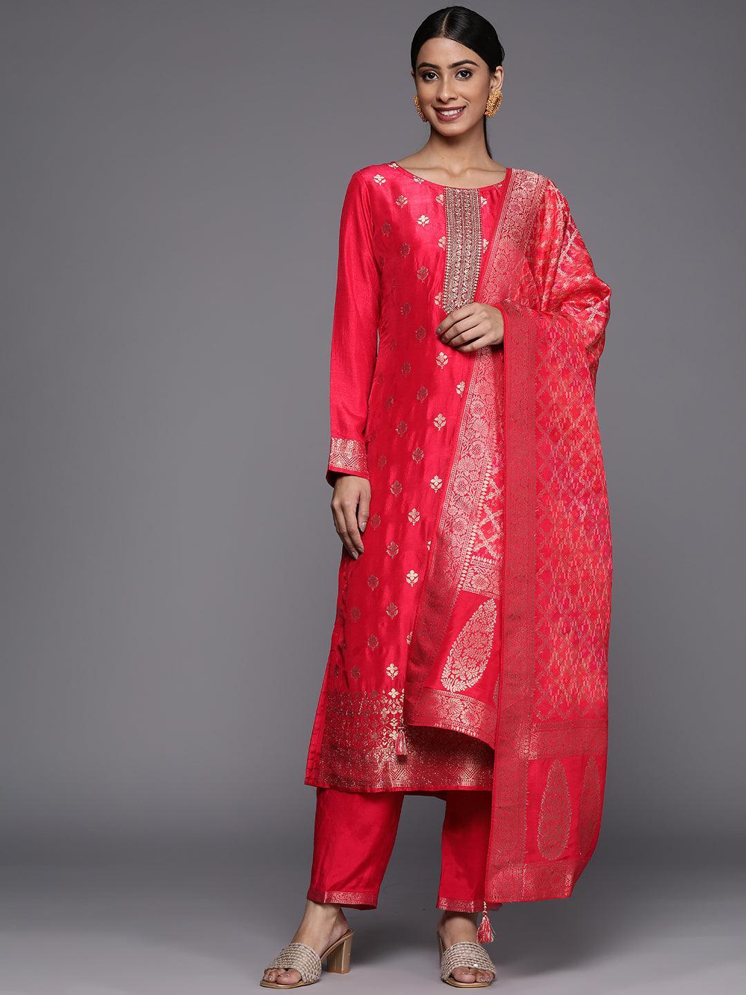 Pink Self Design Silk Blend Straight Suit Set