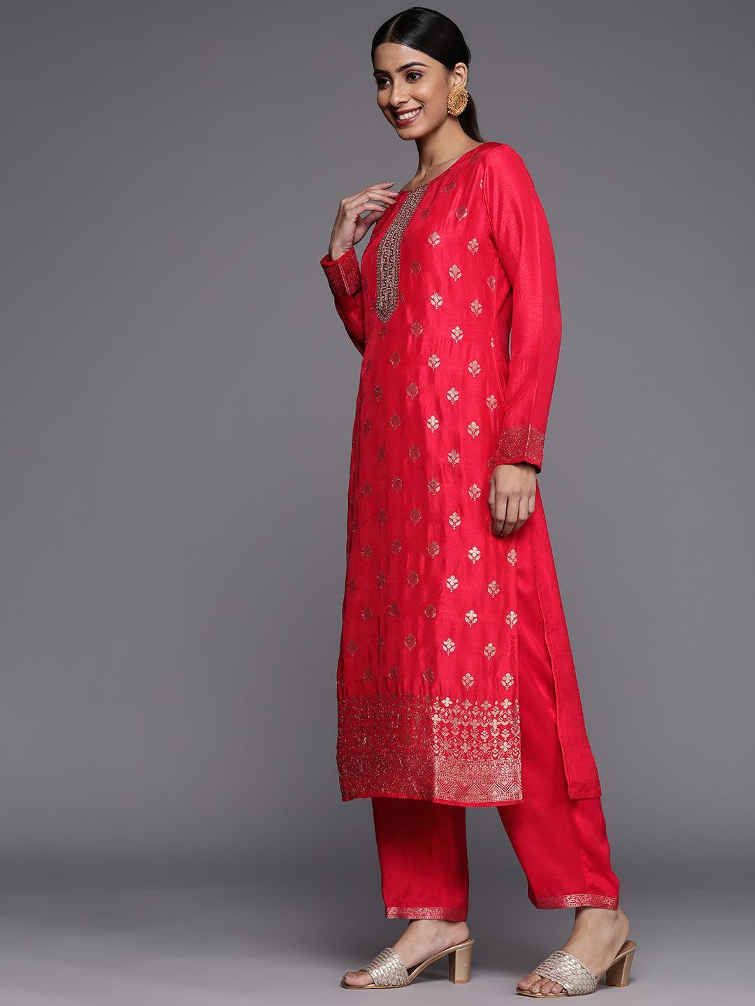 Pink Self Design Silk Blend Straight Suit Set