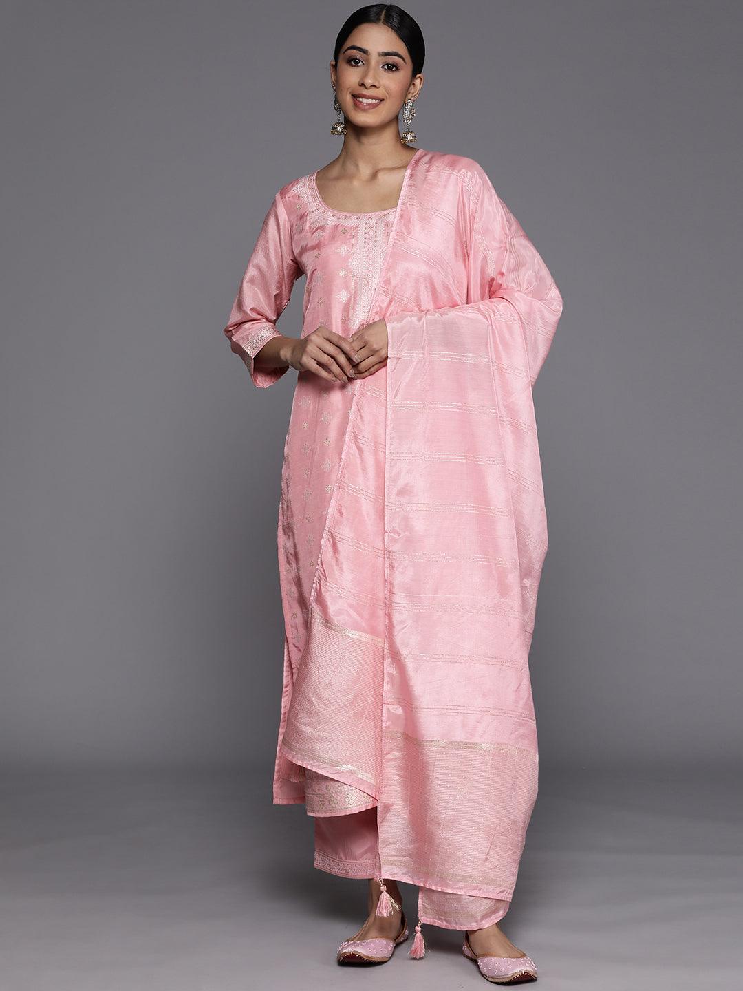 Pink Self Design Silk Blend Suit Set With Trousers