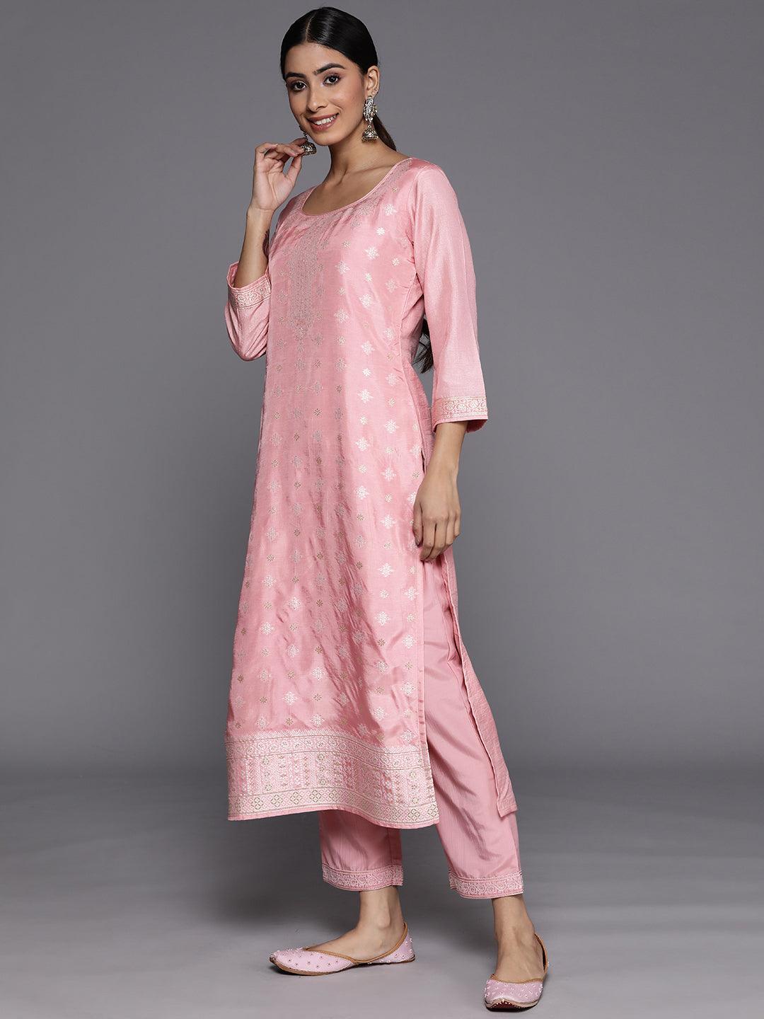 Pink Self Design Silk Blend Suit Set With Trousers