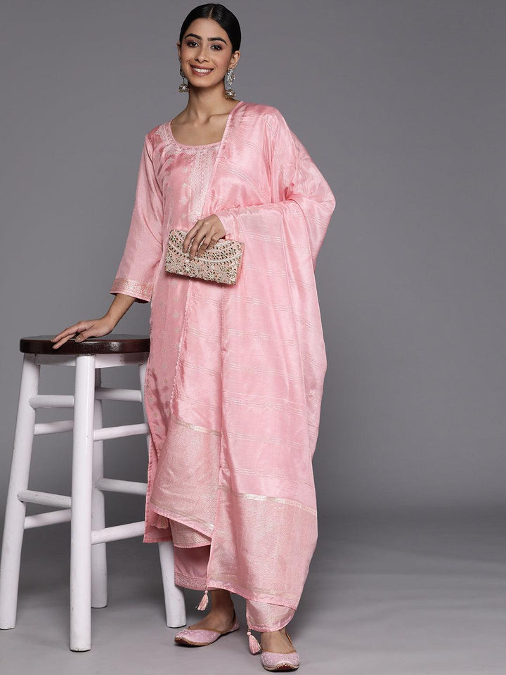 Pink Self Design Silk Blend Suit Set With Trousers - ShopLibas