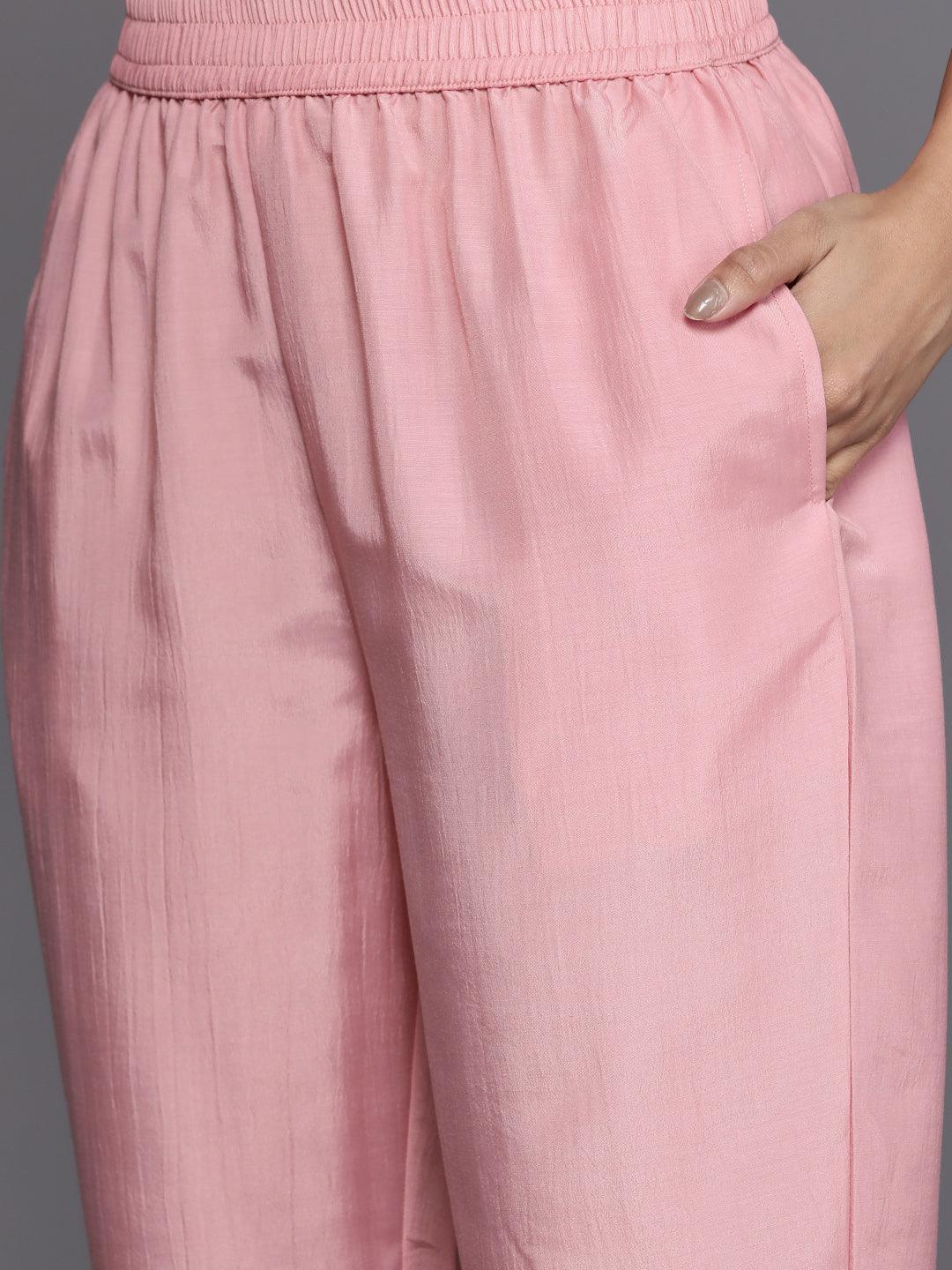 Pink Self Design Silk Blend Suit Set With Trousers