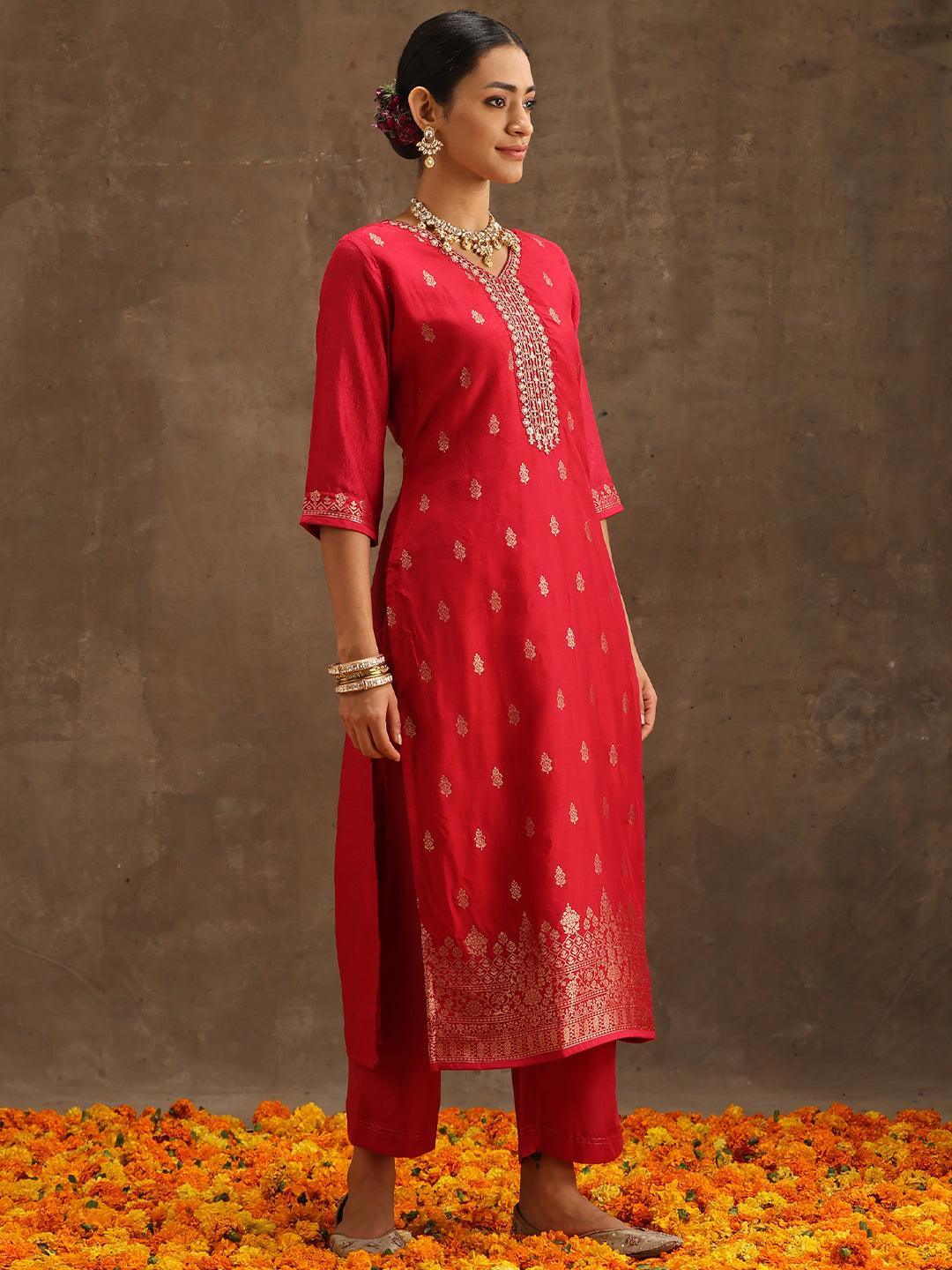 Pink Self Design Silk Suit Set With Trousers