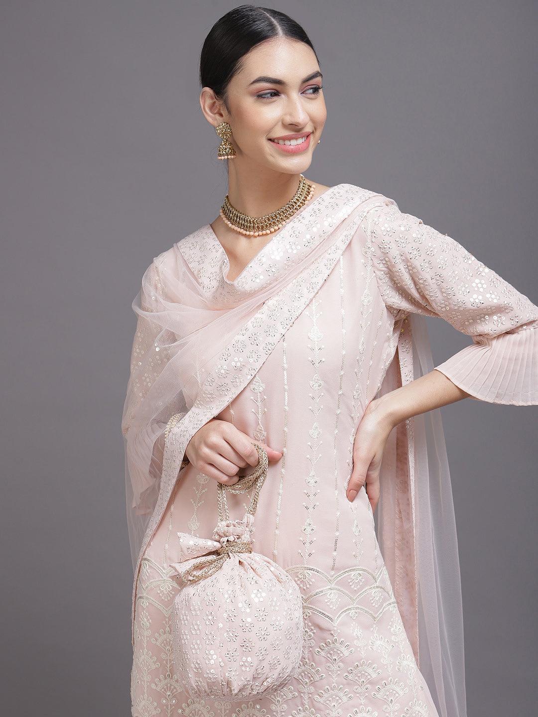 Pink Sequinned Georgette Straight Suit Set With Potli