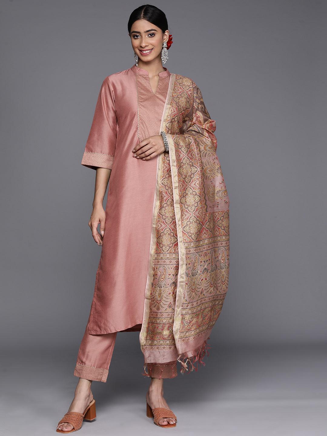 Pink Solid Silk Blend Straight Suit Set With Trousers