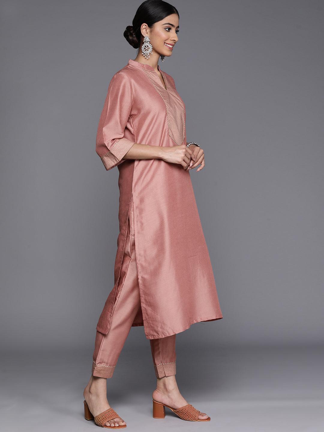 Pink Solid Silk Blend Straight Suit Set With Trousers