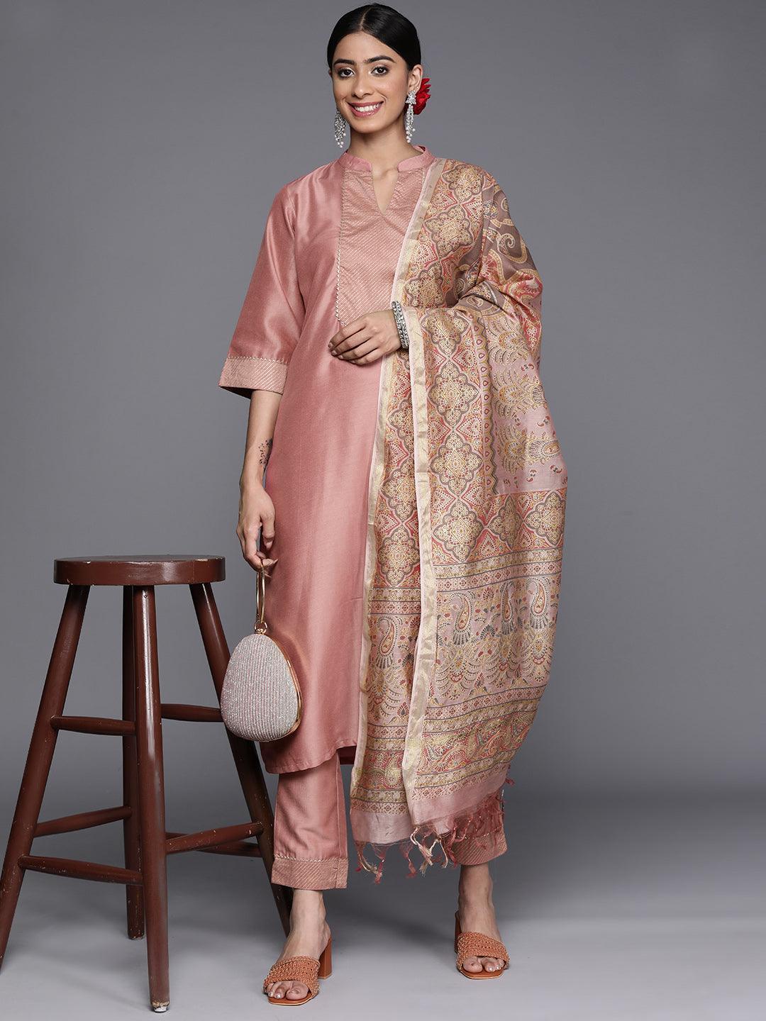 Pink Solid Silk Blend Straight Suit Set With Trousers