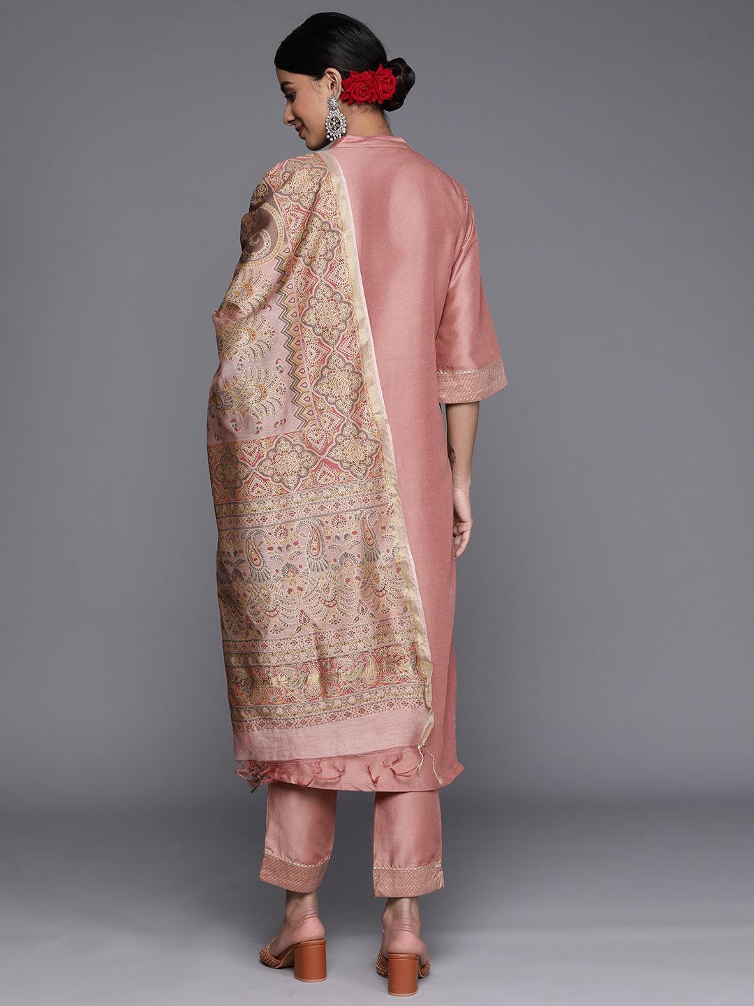 Pink Solid Silk Blend Straight Suit Set With Trousers