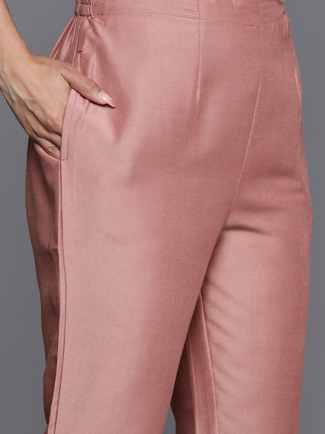 Pink Solid Silk Blend Straight Suit Set With Trousers