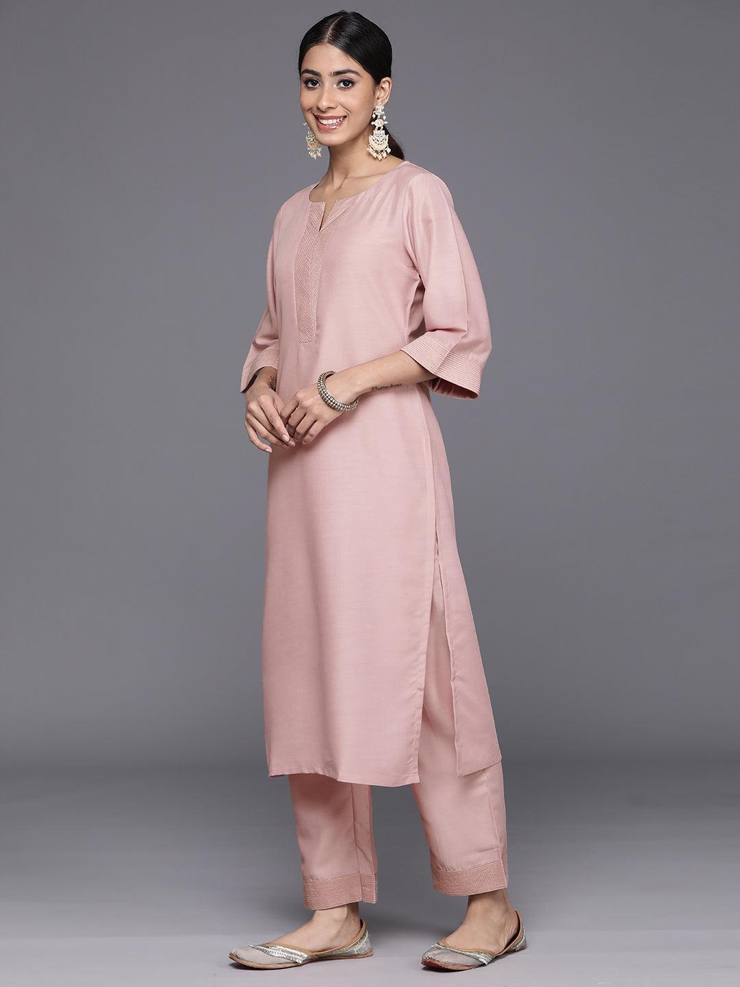 Pink Solid Silk Blend Straight Kurta With Trousers