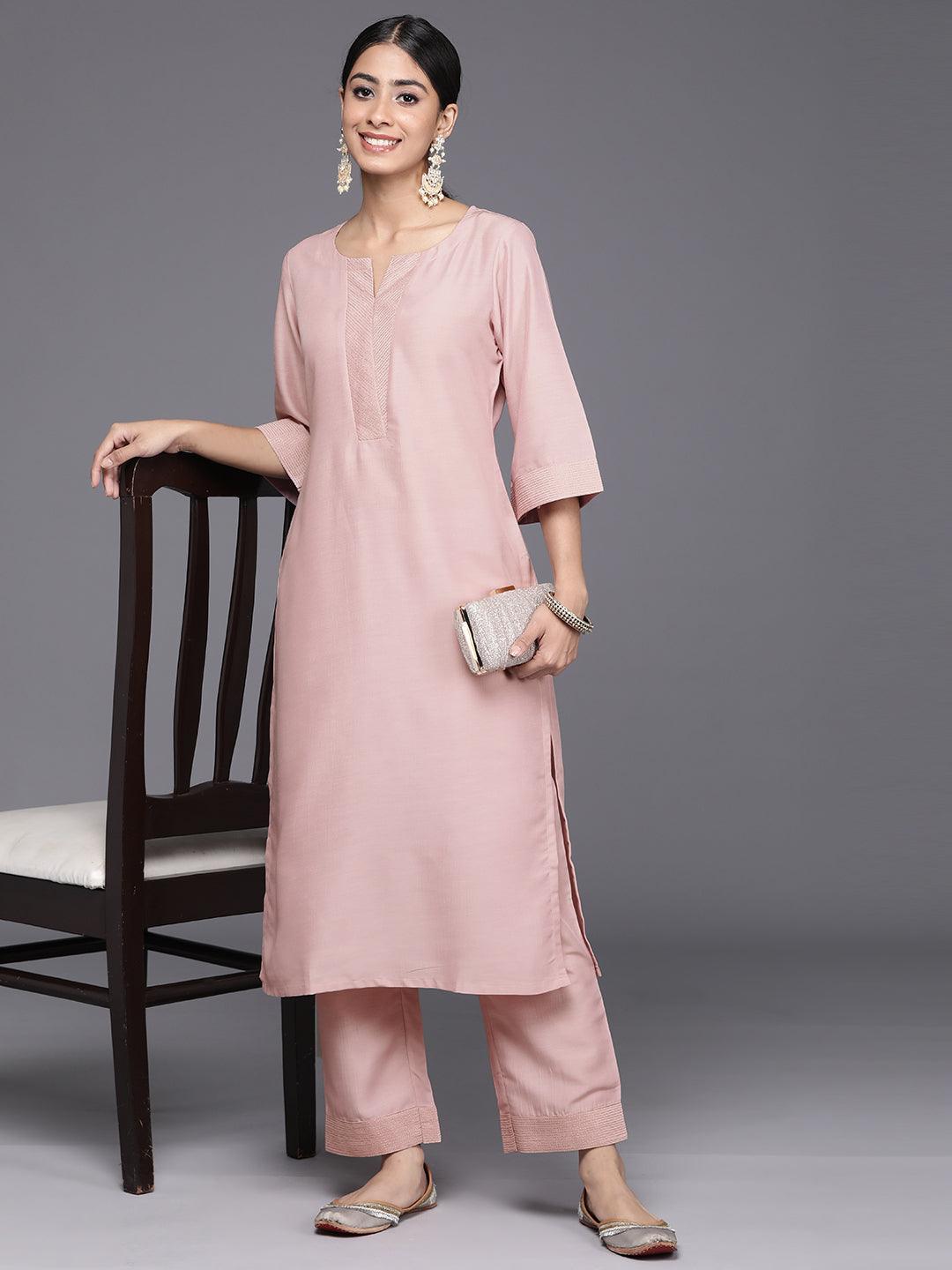 Pink Solid Silk Blend Straight Kurta With Trousers