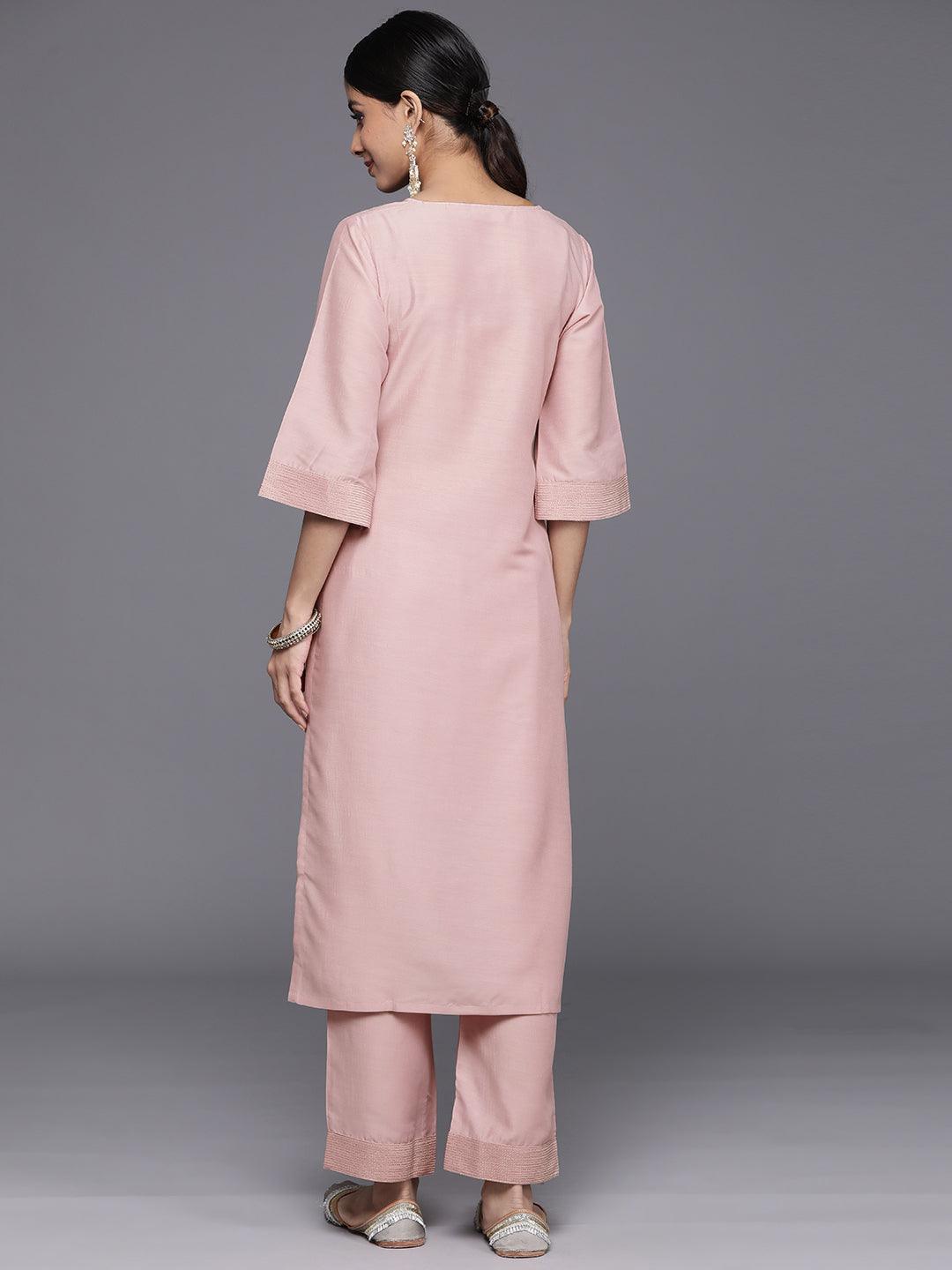 Pink Solid Silk Blend Straight Kurta With Trousers