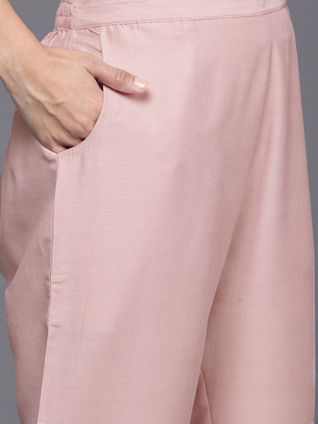 Pink Solid Silk Blend Straight Kurta With Trousers