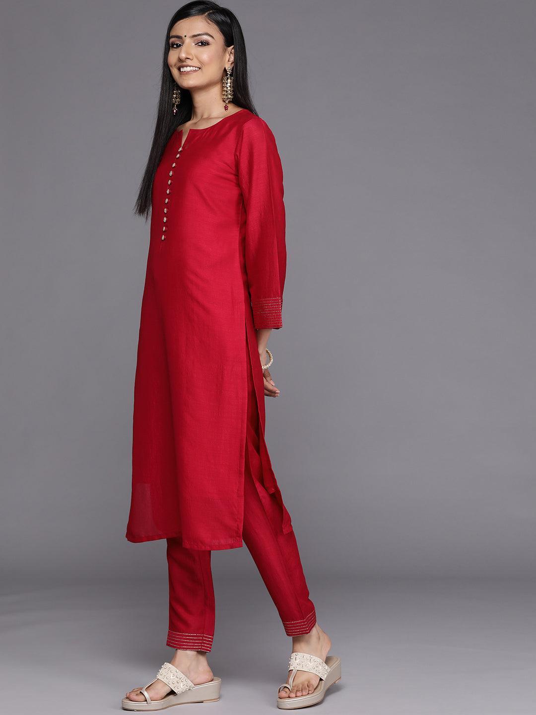 Pink Solid Silk Straight Kurta