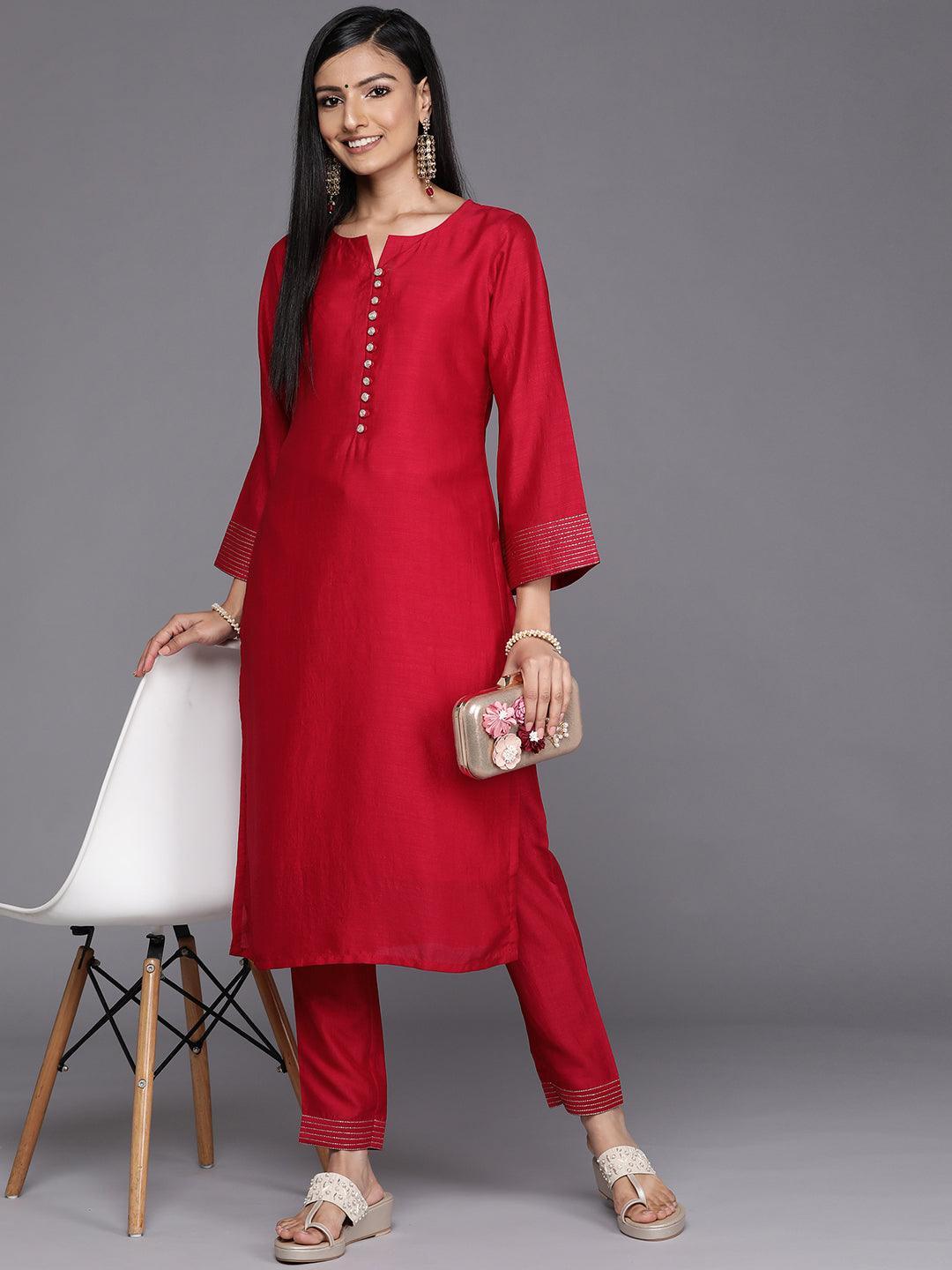 Pink Solid Silk Straight Kurta