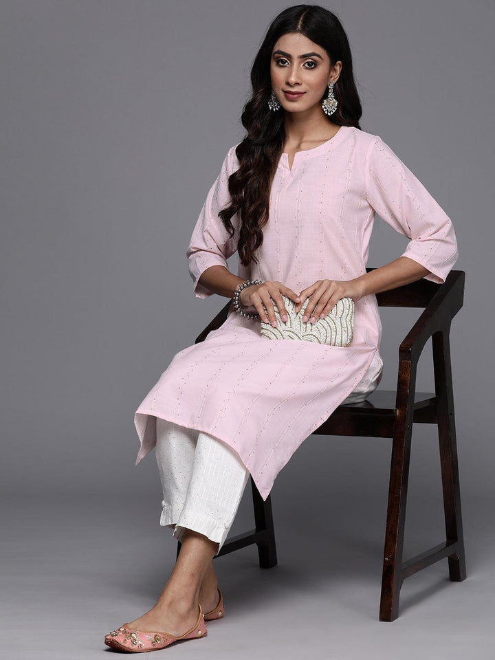 Pink Woven Design Cotton Straight Kurta - Libas