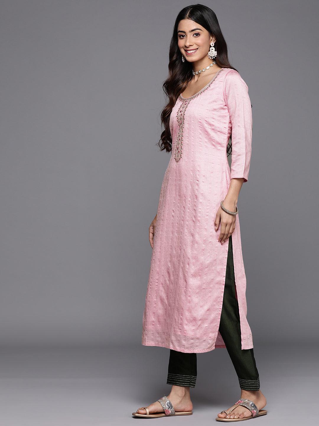 Pink Woven Design Rayon Straight Kurta