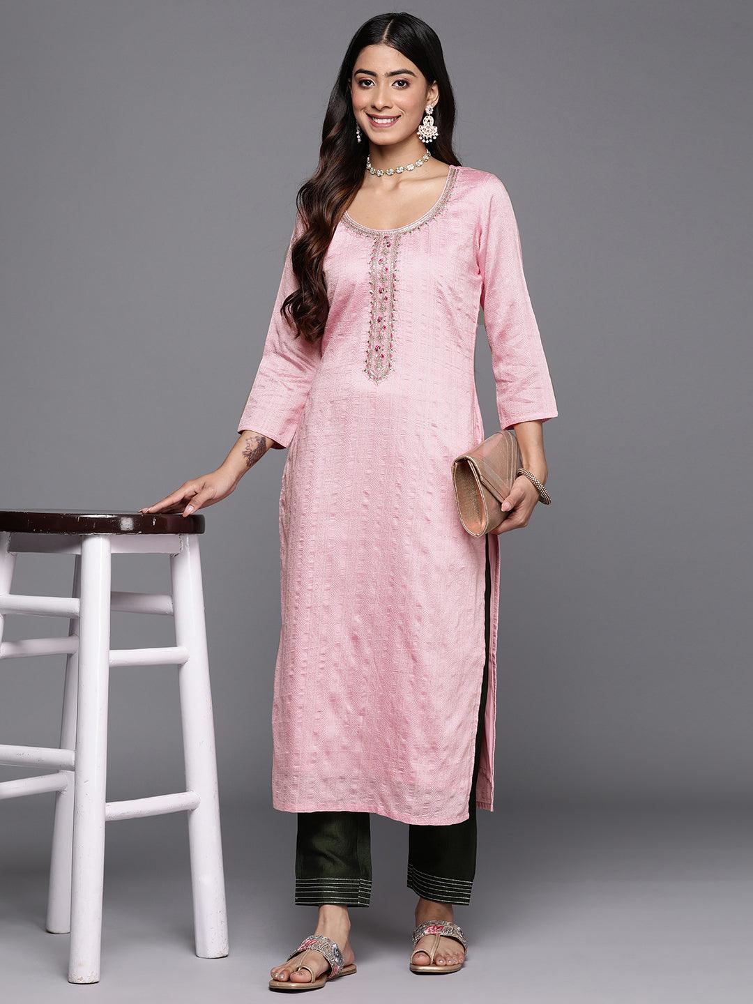 Pink Woven Design Rayon Straight Kurta