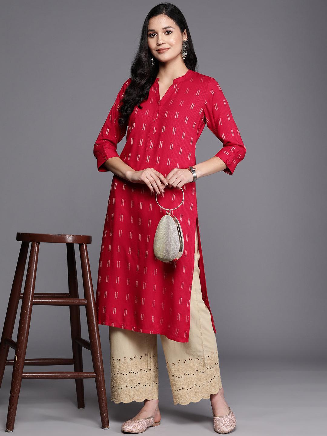 Pink Woven Design Rayon Straight Kurta