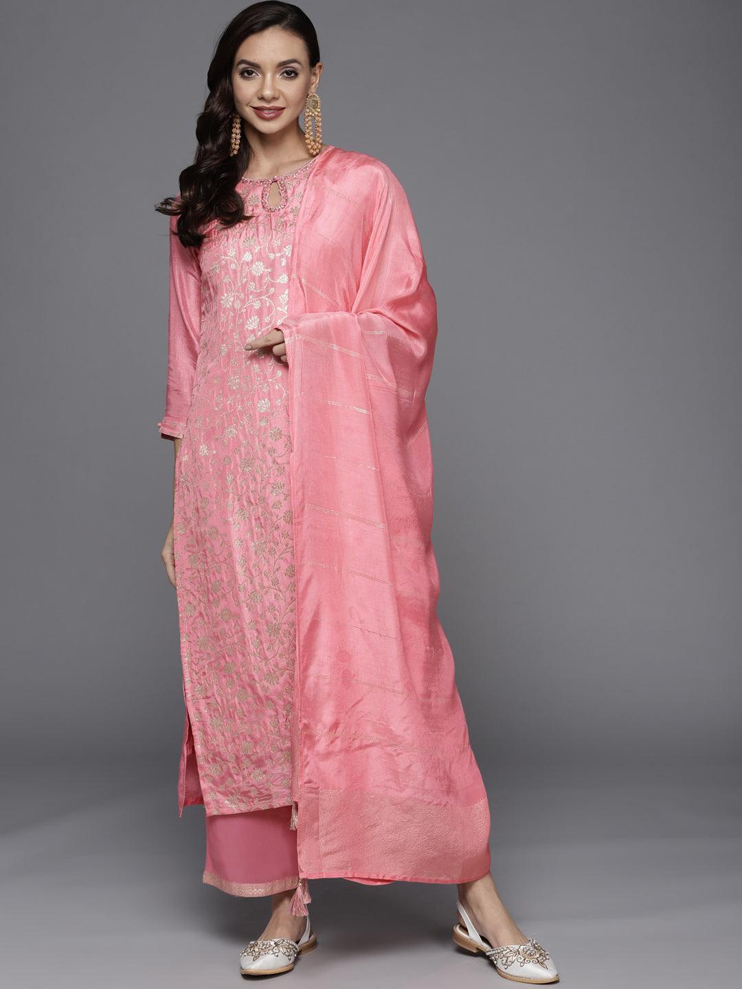 Pink Woven Design Silk Blend Straight Suit Set