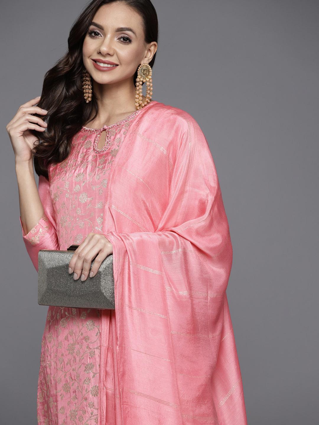 Pink Woven Design Silk Blend Straight Suit Set