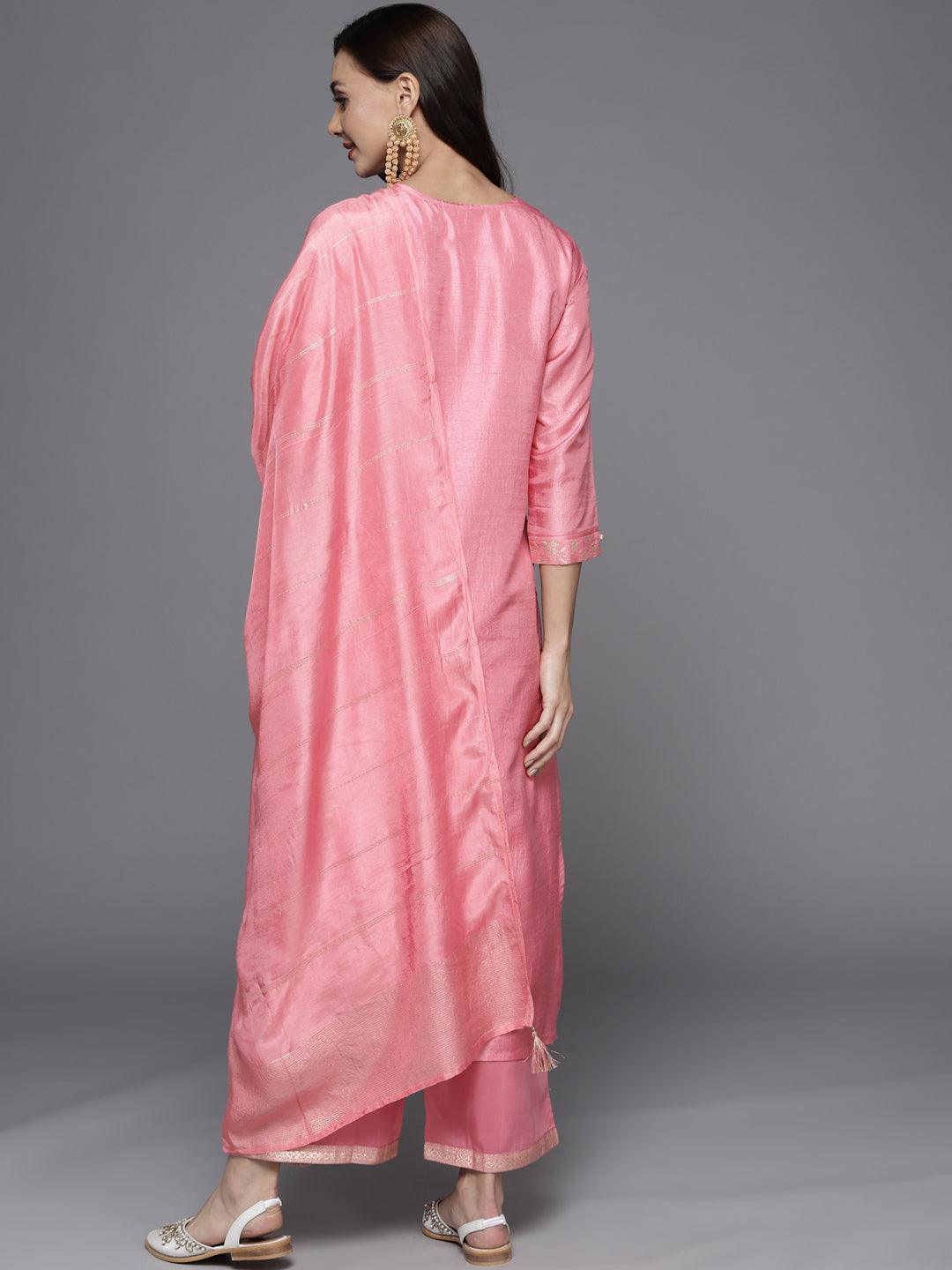 Pink Woven Design Silk Blend Straight Suit Set