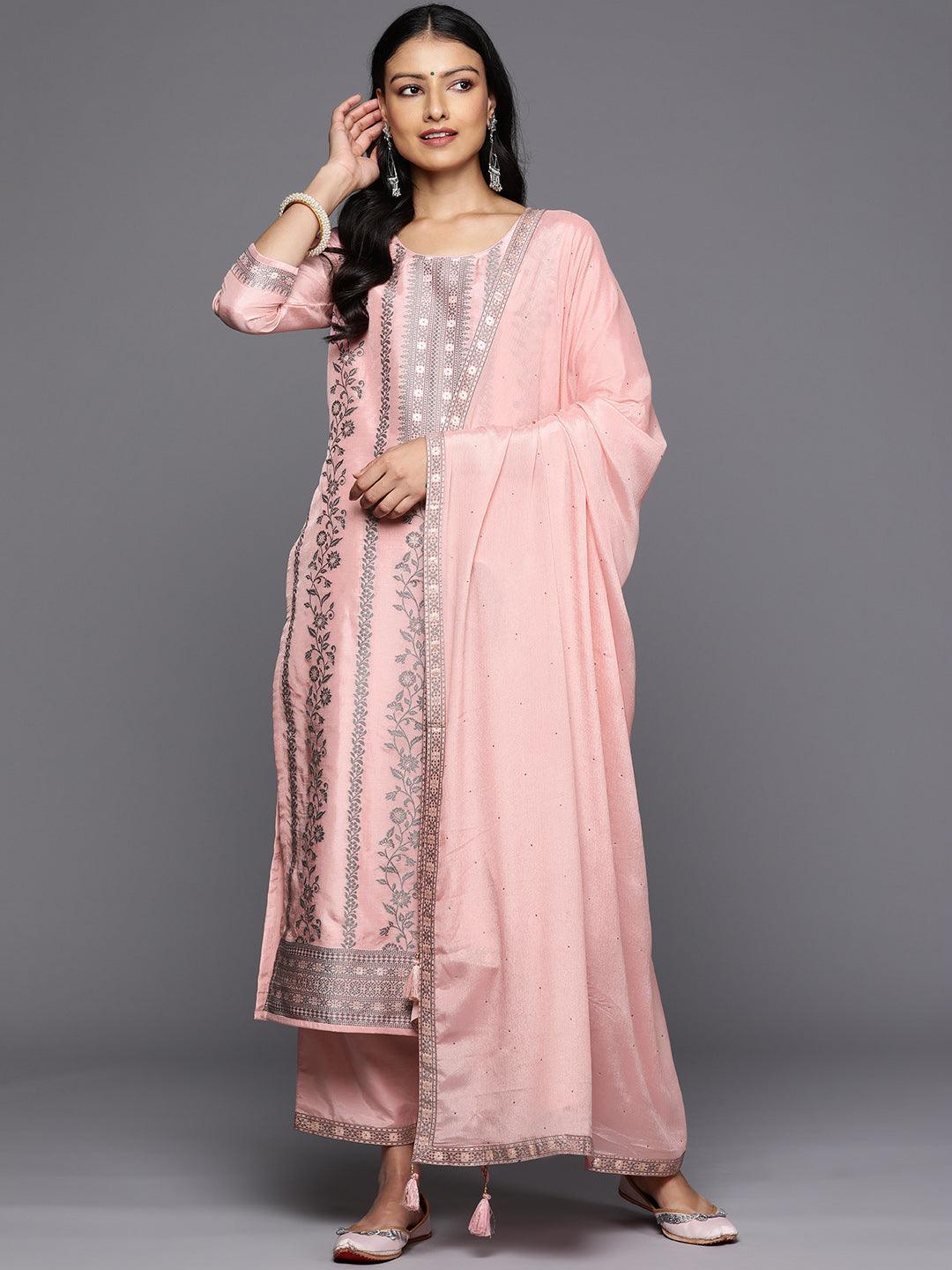 Pink Woven Design Silk Blend Straight Kurta With Trousers & Dupatta