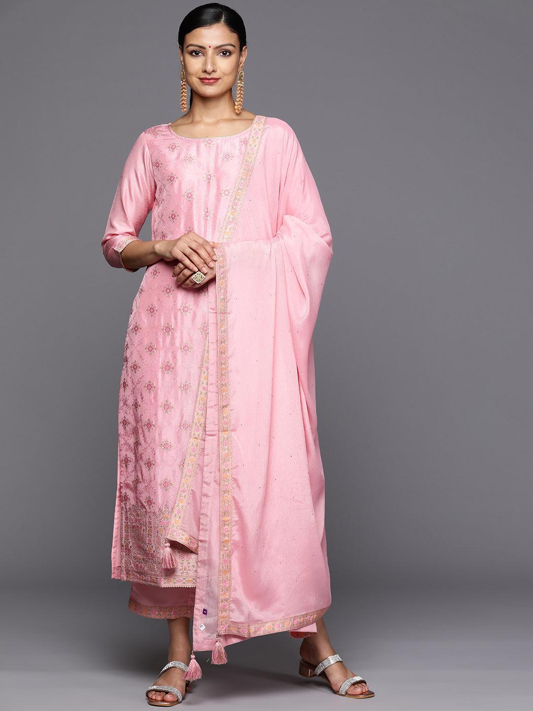 Pink Woven Design Silk Blend Straight Kurta With Trousers & Dupatta - Libas