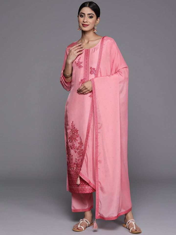 Pink Woven Design Silk Blend Straight Kurta With Trousers & Dupatta - Libas