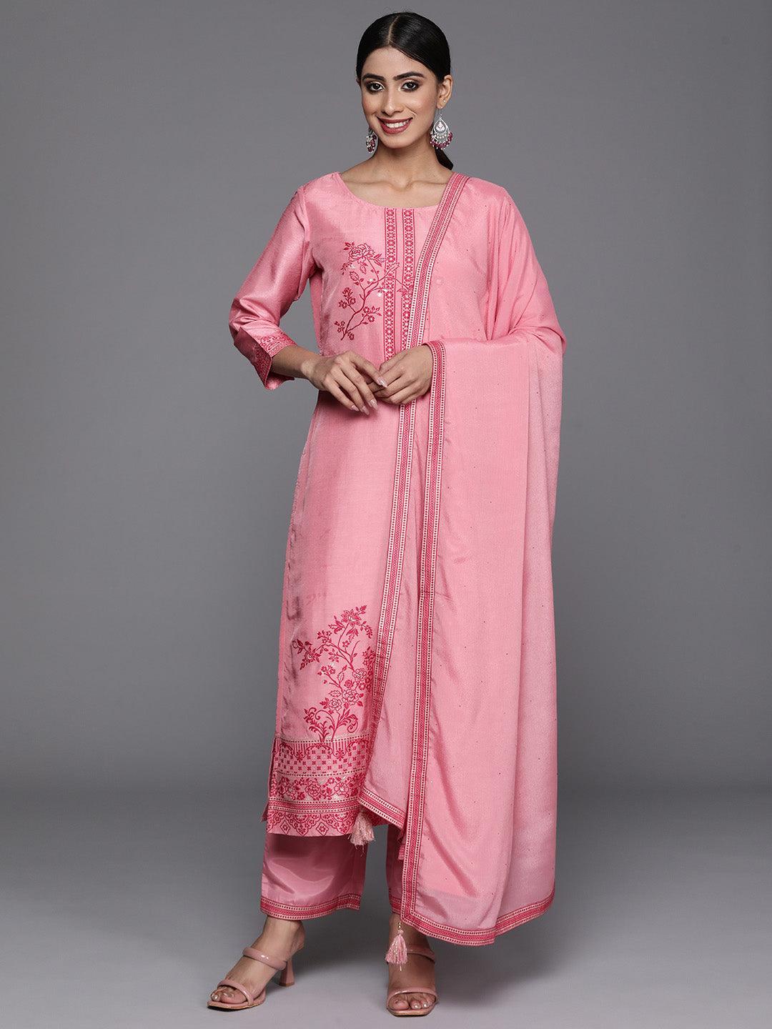 Pink Woven Design Silk Blend Straight Kurta With Trousers & Dupatta