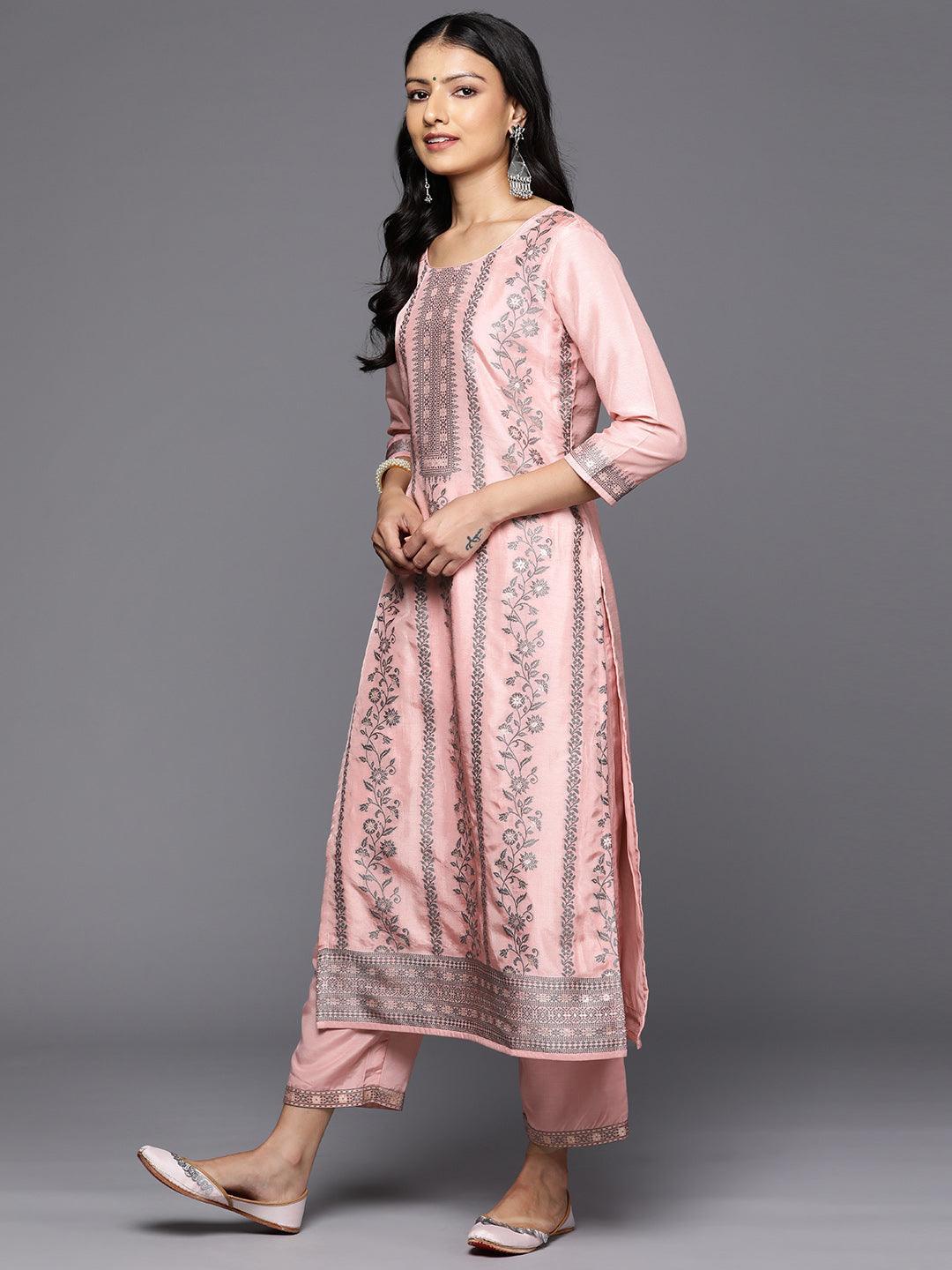 Pink Woven Design Silk Blend Straight Kurta With Trousers & Dupatta