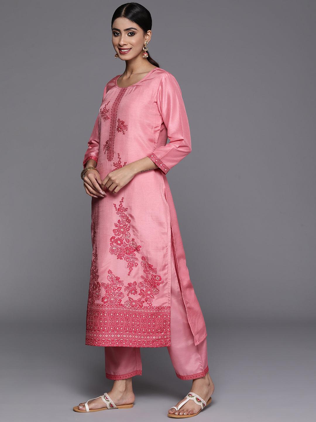 Pink Woven Design Silk Blend Straight Kurta With Trousers & Dupatta