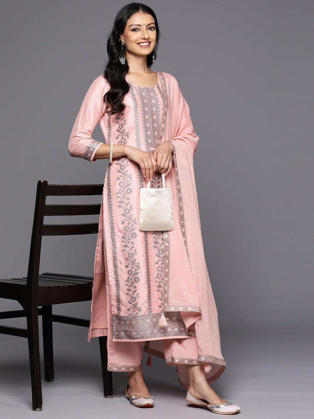 Pink Woven Design Silk Blend Straight Kurta With Trousers & Dupatta