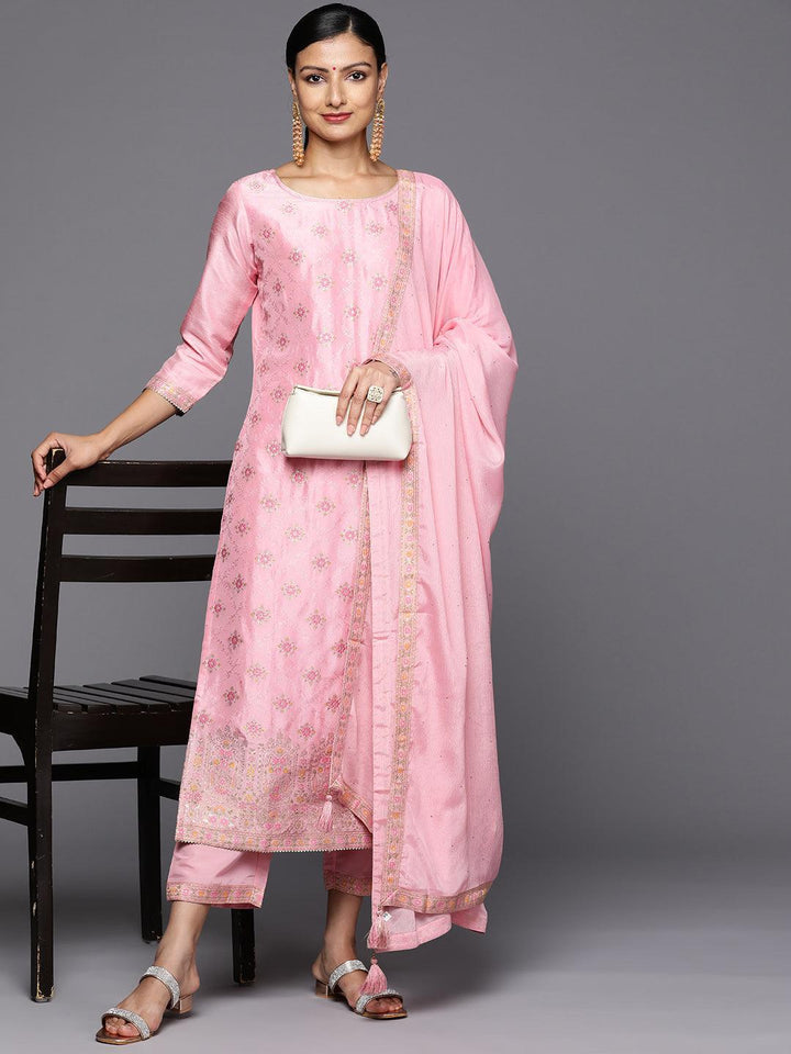 Pink Woven Design Silk Blend Straight Kurta With Trousers & Dupatta - Libas