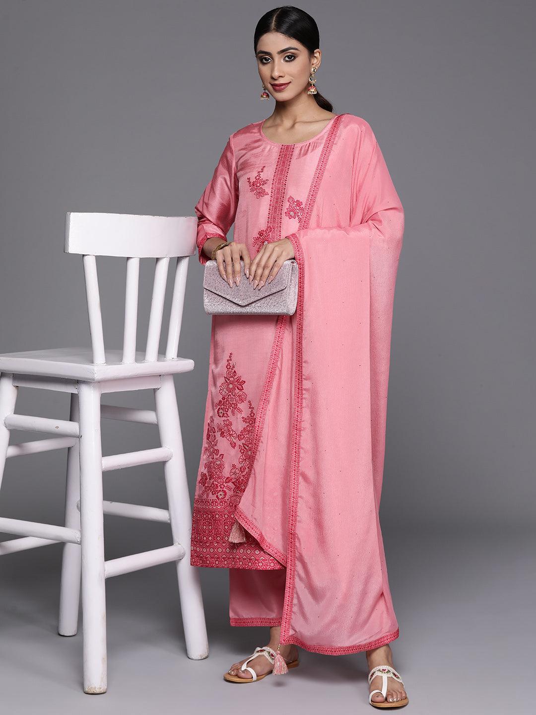 Pink Woven Design Silk Blend Straight Kurta With Trousers & Dupatta - Libas