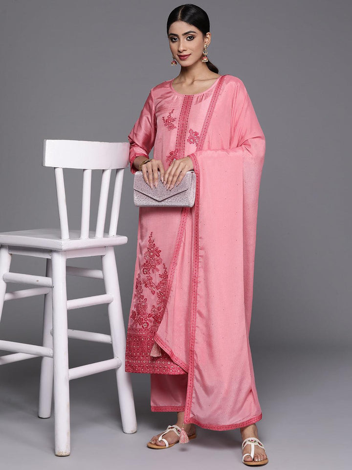 Pink Woven Design Silk Blend Straight Kurta With Trousers & Dupatta - Libas