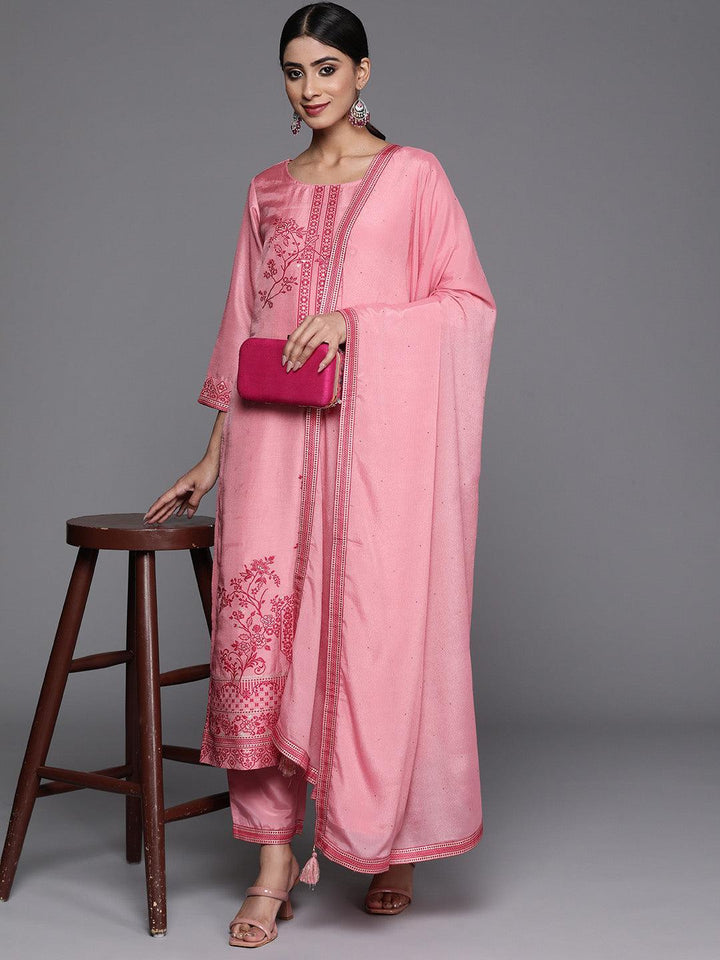 Pink Woven Design Silk Blend Straight Kurta With Trousers & Dupatta - Libas