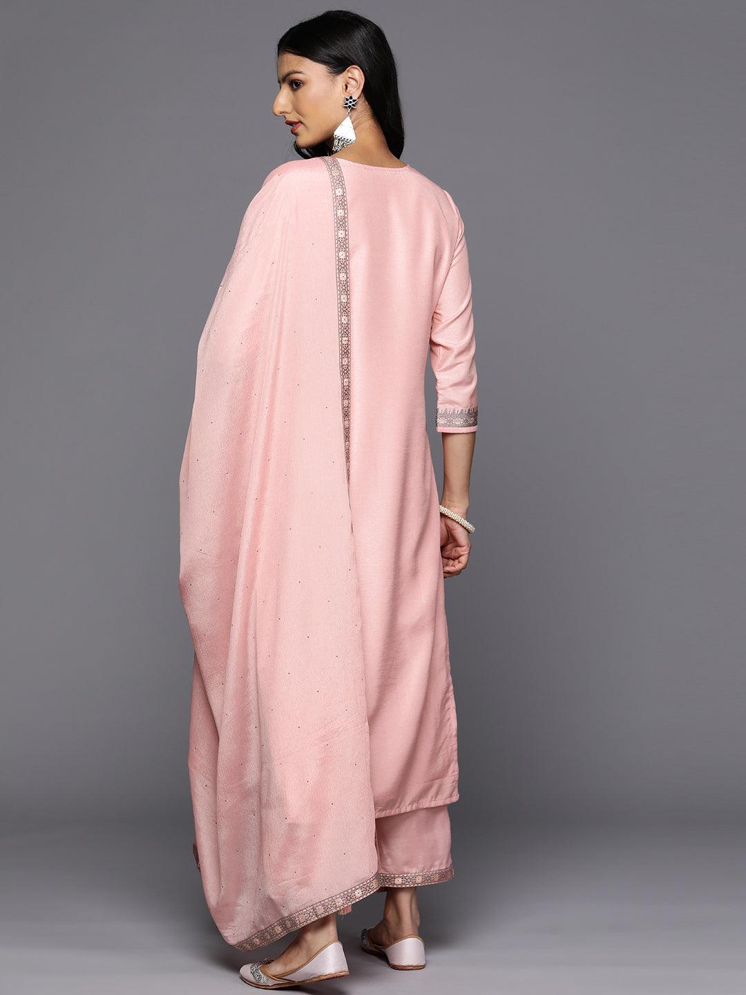 Pink Woven Design Silk Blend Straight Kurta With Trousers & Dupatta