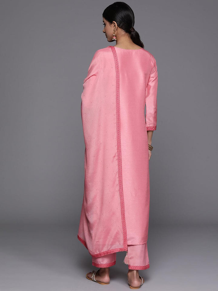 Pink Woven Design Silk Blend Straight Kurta With Trousers & Dupatta - Libas